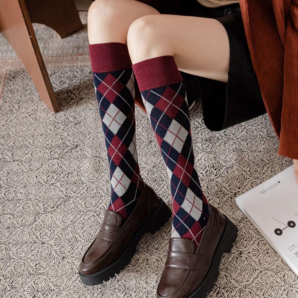 Streetwear Stripe Check Socks Elastic British Style Long Socks Unique Knee High Stockings  Girl