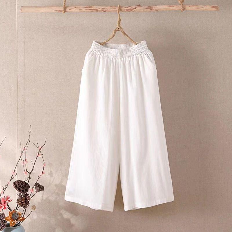 Women's Summer Cotton Linen Wide-Leg Pants: Korean Style, Loose Fit, Plus Size, Versatile Seven-Point Casual Wear.