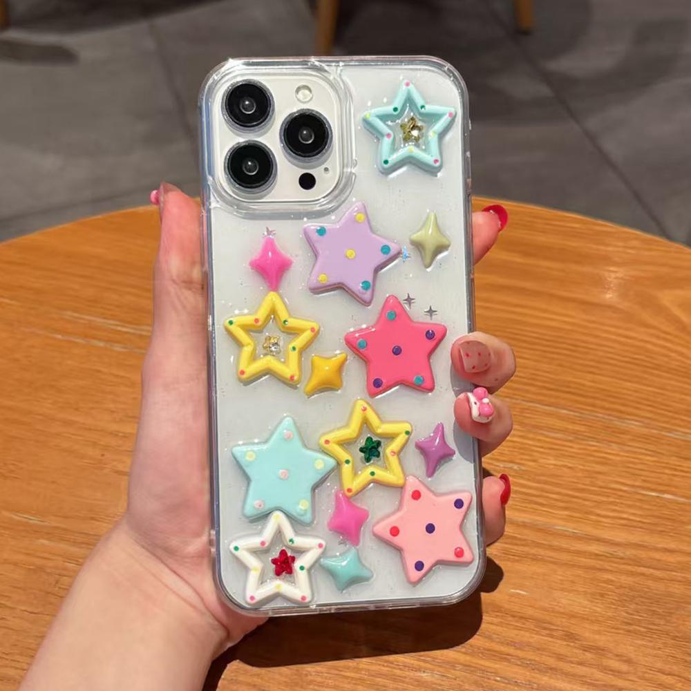 Cute 3D Colorful Stars Phone Case For iPhone 16 15 14 13 12 11 Pro Max Glitter Sequins Shockproof Soft Silicone Cover