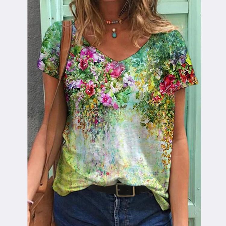 

QICED Весенне-летняя женская футболка с коротким рукавом, V-образным вырезом, универсальная, с принтом в виде цветочной живописи XL зелёный