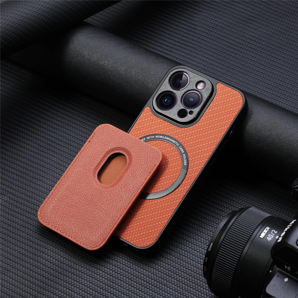 Applicable To IPhone16 Pro Mobile Phone Case, Carbon Fiber Pattern Imitation Leather 14/13 Magnetic Card Bag, Apple 15 Protective Case