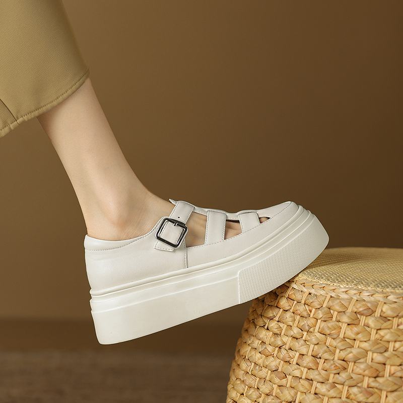 Krazing Pot Baskets en cuir véritable pour femme, chaussures décontractées, printemps, automne, été, plateforme, sangles à boucle, couleur argent