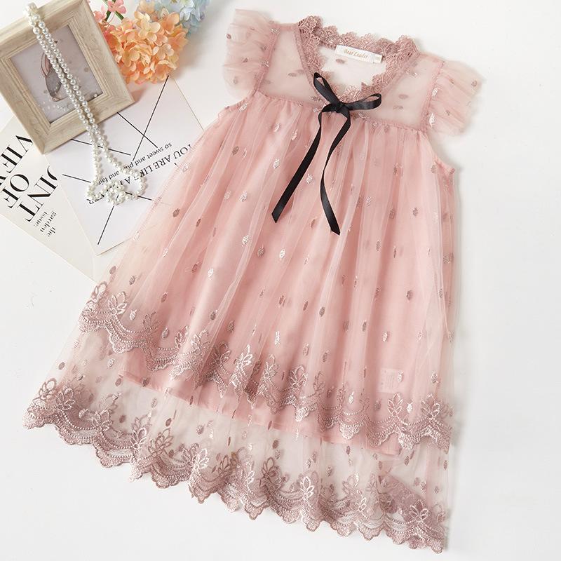Summer Girls Princess Dress Cute Embroidered Tulle Tutu Skirt Sweet Children Party Gown For Kids Birthday Wedding 100cm розовый