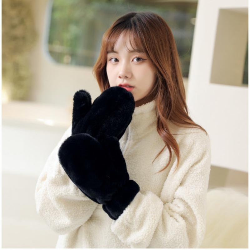 

Зимние однотонные перчатки, с начесом и утолщенные, теплые и морозостойкие, простые велосипедные ветрозащитные перчатки для женщин, плюшевые с пальцами One Size чёрный