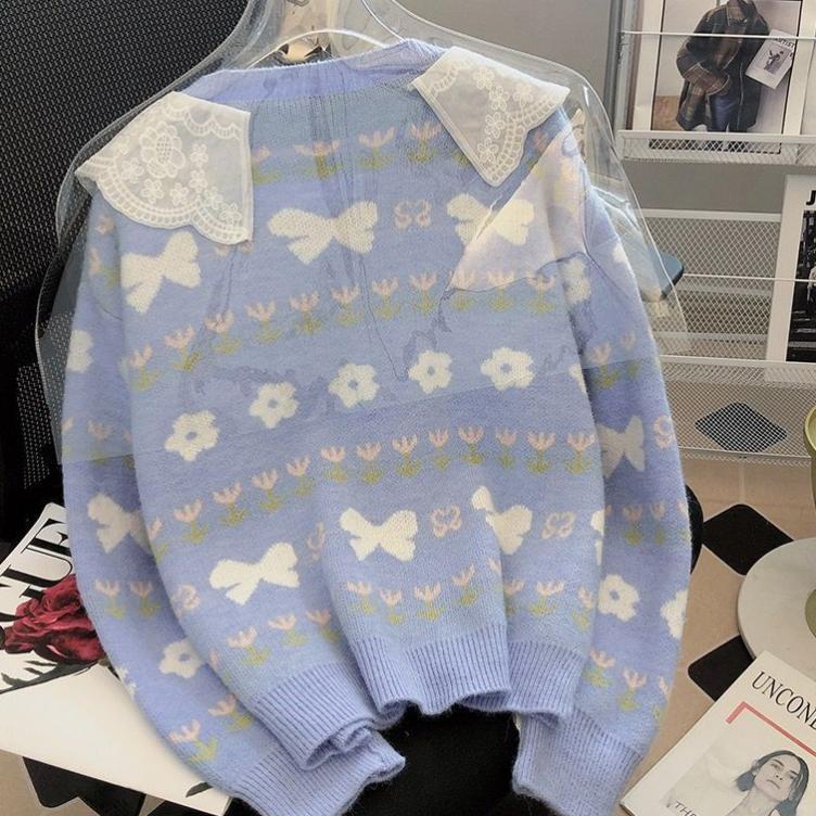 Doll Neck Sweater Coat Knitted Cardigan Women Spring and Autumn 2022 Casual Korean Lace Long Sleeve Cardigan Sweater Female Top