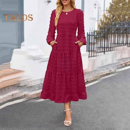 Herbst Winter Damen Kleid Lange Laternenärmel A-Linie Rundhals Großer Saum Punktapplikation Plissiert Einfarbig Dating Pendeln Midikleid