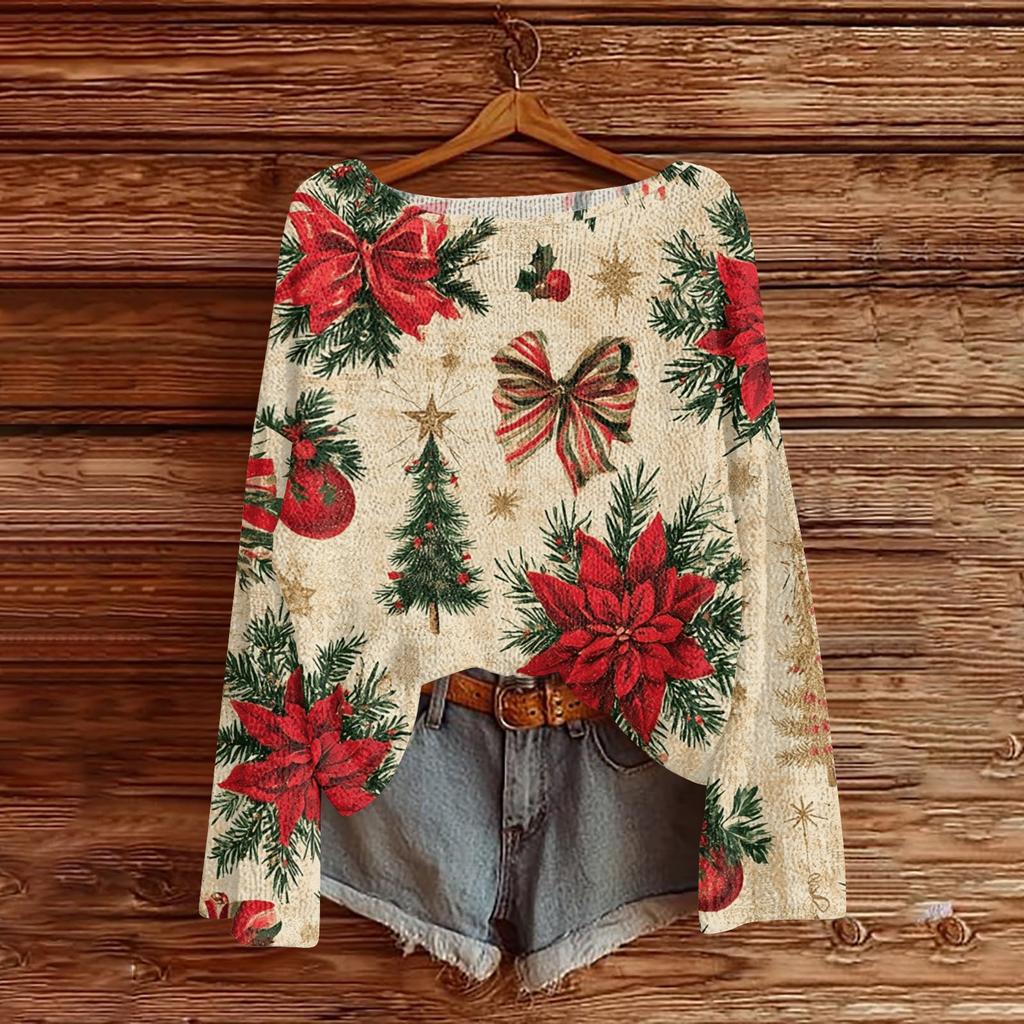 Women's Christmas Print Lightweight Sweater, Casual Long Sleeve Knit Pullover for Holiday
