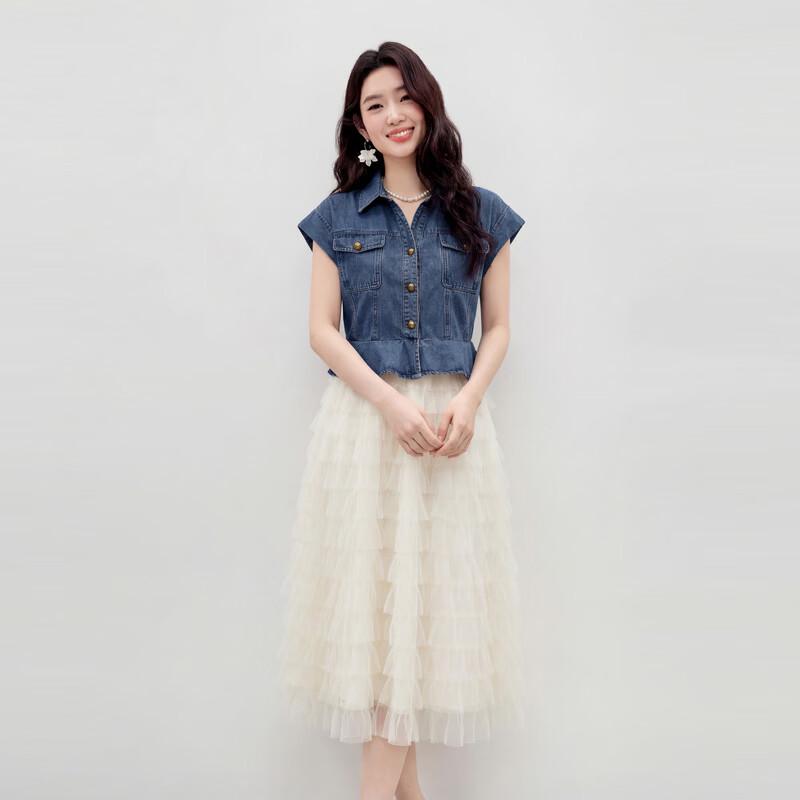 Women s Classic Lapel Spliced Mesh Dress M