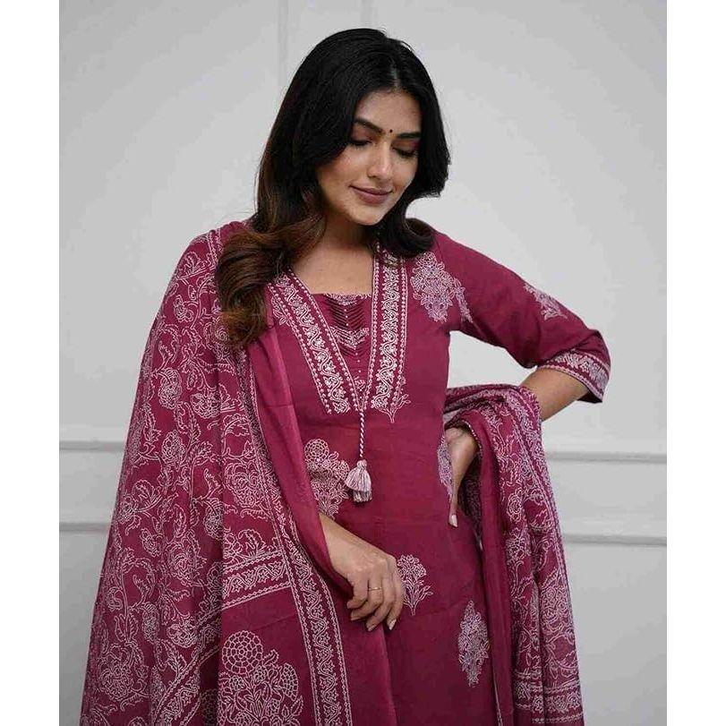 Women's Pure Cotton Printed with Handwork Kurta with Pants and Dupatta Set | Ethnic Set | Suit Set | Kurta Set | Wedding Suit Set