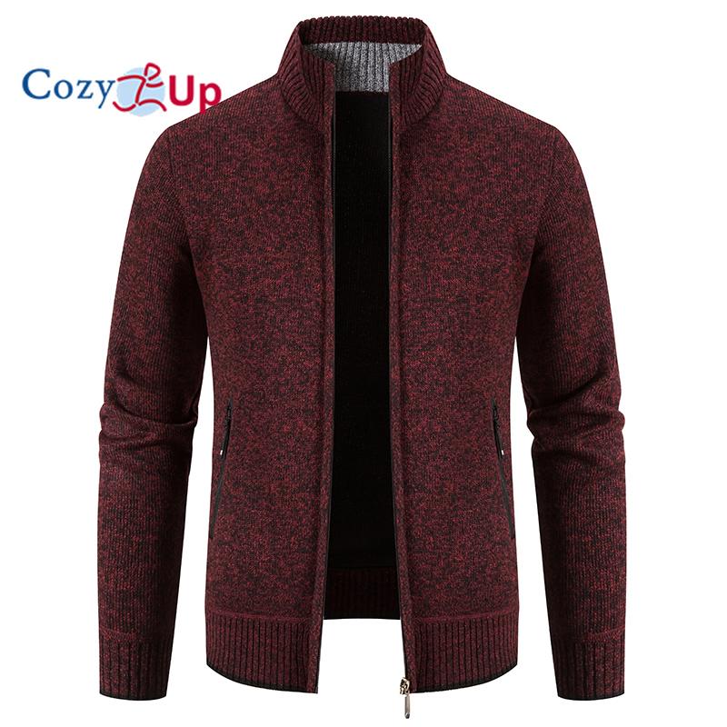 Cozy up Herren Strickjacke mit kleinem Stehkragen und dickem Samt