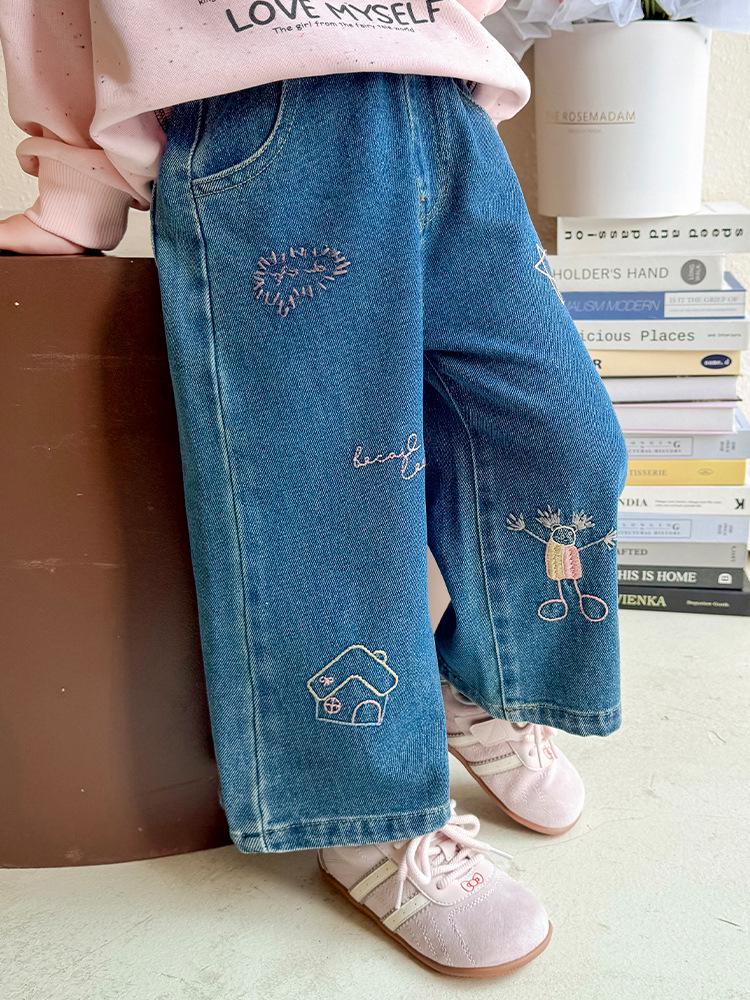 Flickors broderade jeans med raka ben - 2025 Höstmode
