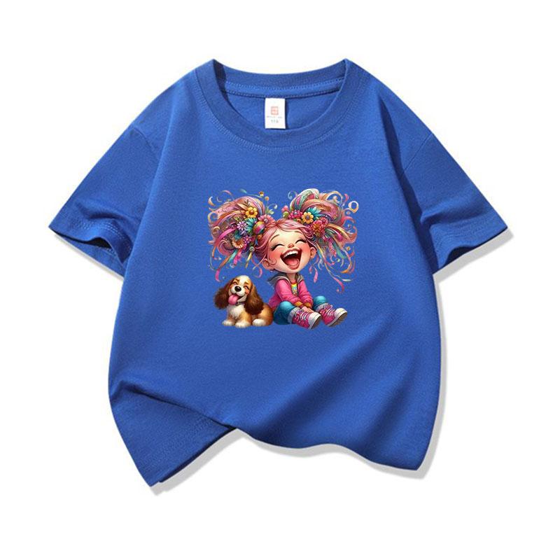 Kids Cotton T Shirt Rainbow Hair Laughing Girl Sitting With Puppy Print Crew Neck Short Sleeve Tee Casual Boys Girls Summer Tops