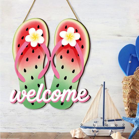 Summer Slippers Hanging Sign Flip Flop Shape Welcome Door Sign Rustic Watermelon Ice Cream Wooden Wreath for Farmhouse Front Door Patio Balcony Wall
