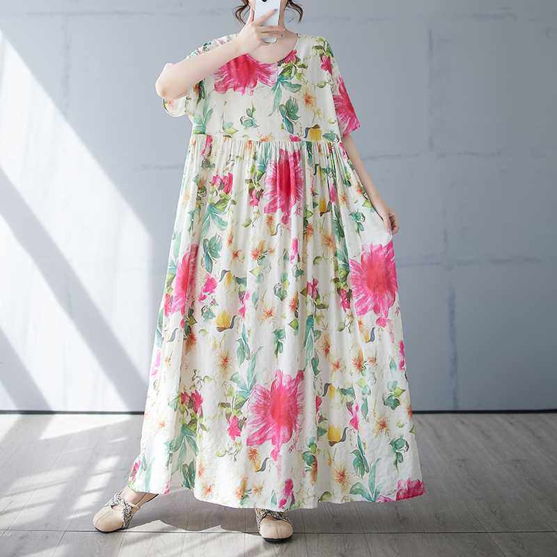 Women's Simple and Fashionable Long Skirt, Short Sleeved Round Neck Printed Dress