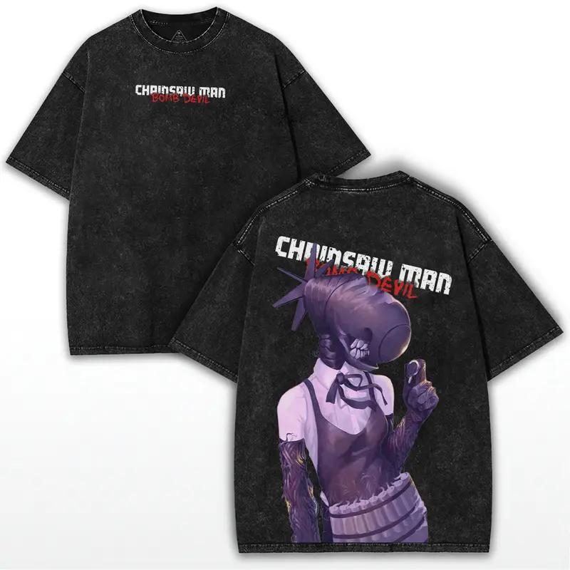 

2025 Chainsaw Man Anime Reze Devil Graphic T Shirt Harajuku Washed T-shirt Men Women Clothing Oversized Cotton Short Sleeve Tees S