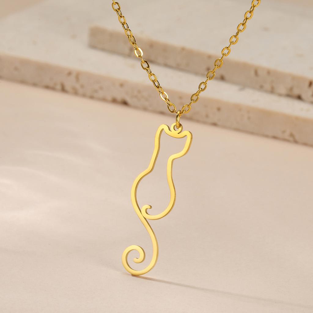 Lemegeton Long Tail Cute Cat Charm Pendant Necklace for Women Girls Animal Kitten Stainless Steel Necklace Jewelry Gift