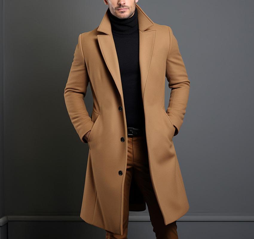 Men's Mid-Length Solid Color Woolen Coat - Warm Autumn/Winter Jacket