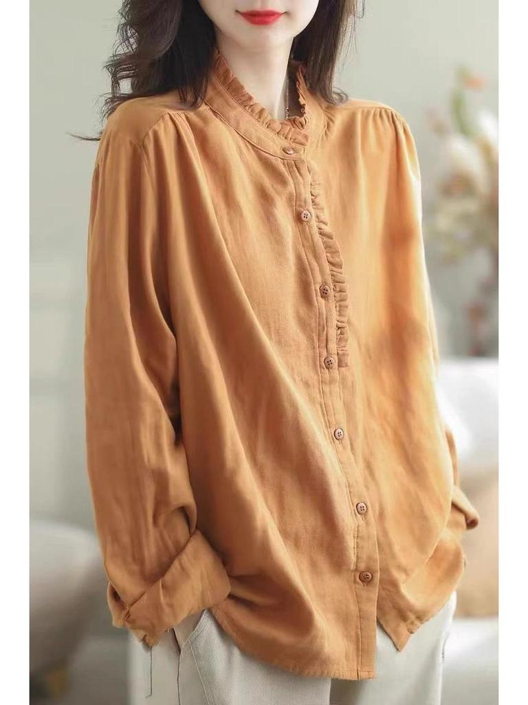 Women's Retro Cotton Linen Slimming Long Sleeve Shirt - Solid Color, Loose Fit for Spring & Autumn.