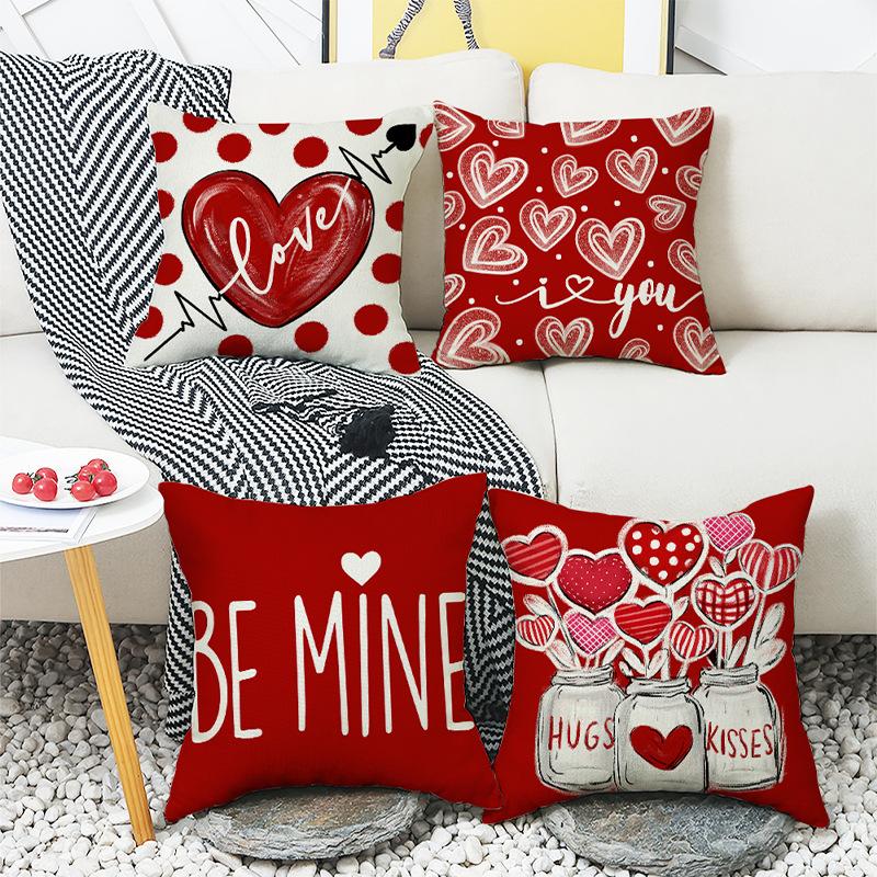 Cushion Decoration Living Room Valentine's Day Love Pillow Cartoon Print Red Couple Pillow Linen Cushion