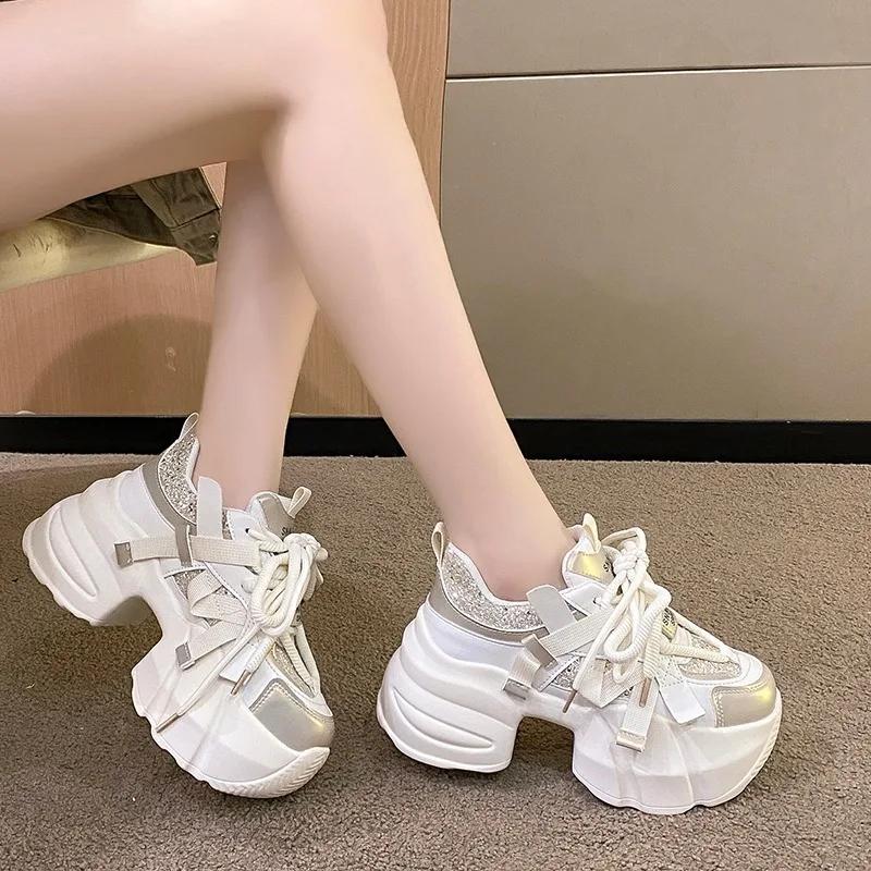 Fashion 7CM Autumn Women Chunky Outdoors Sneakers High Platform Sports Dad Shoes Woman Bling Casual Vulcanized Shoes Zapatillas Mujer