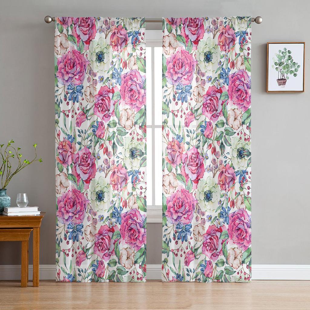 Blue Rose Flower Butterfly Glassy Gauze Curtains For Children's Bedroom Kitchen For Living Room Holiday Decor Voile Curtain