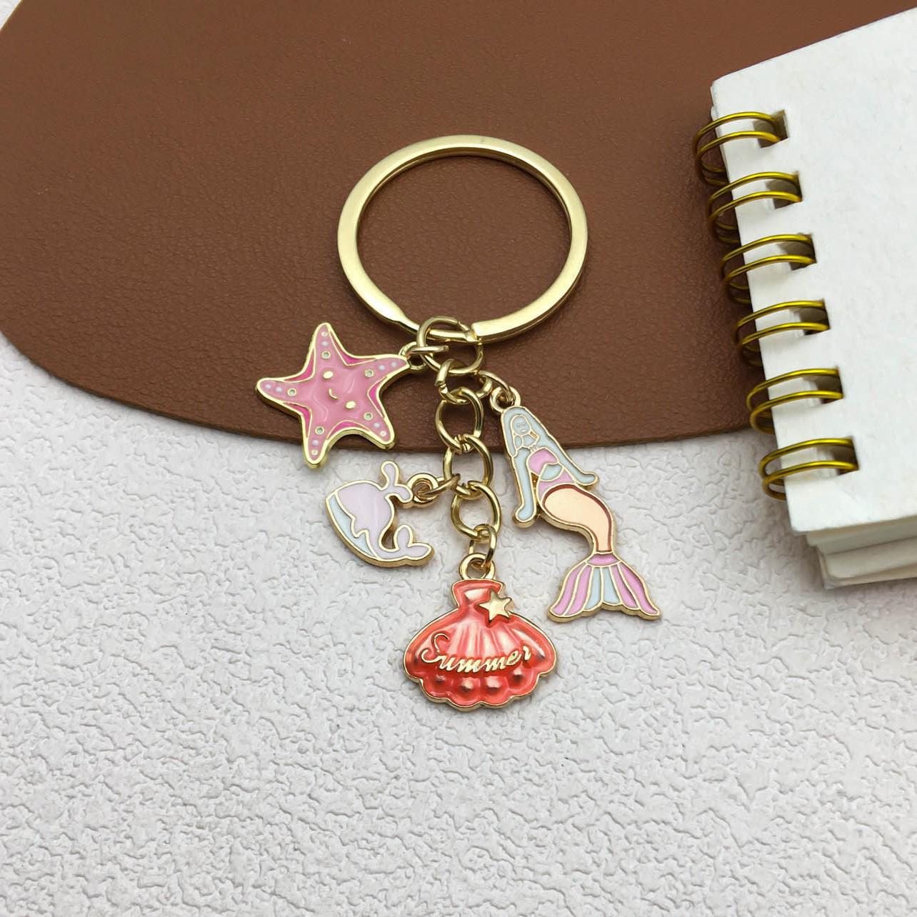 Sweet Pink Ocean Series Keychain: Enamel Mermaid, Starfish, Dolphin, Shell Backpack Pendant