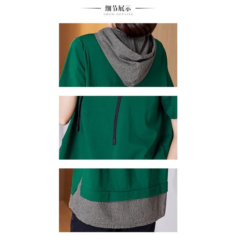 Pure Cotton Large Size Women's Short-sleeved Summer High-end Loose Hooded Cotton Top