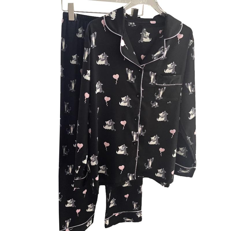 Women's Ice Silk Long-Sleeved Pajamas - Heart Balloon Design, Spring/Summer, Thin Style for Dormitory or Home Wear.