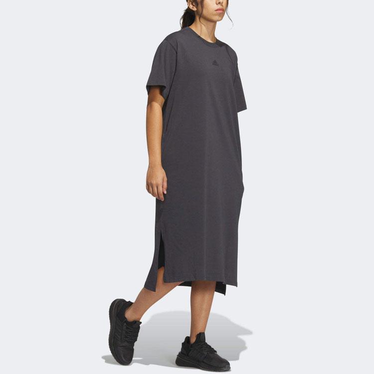 Adidas Letter Print Loose Round Neck Short Sleeve Dress Women Dresses Gray IM8751