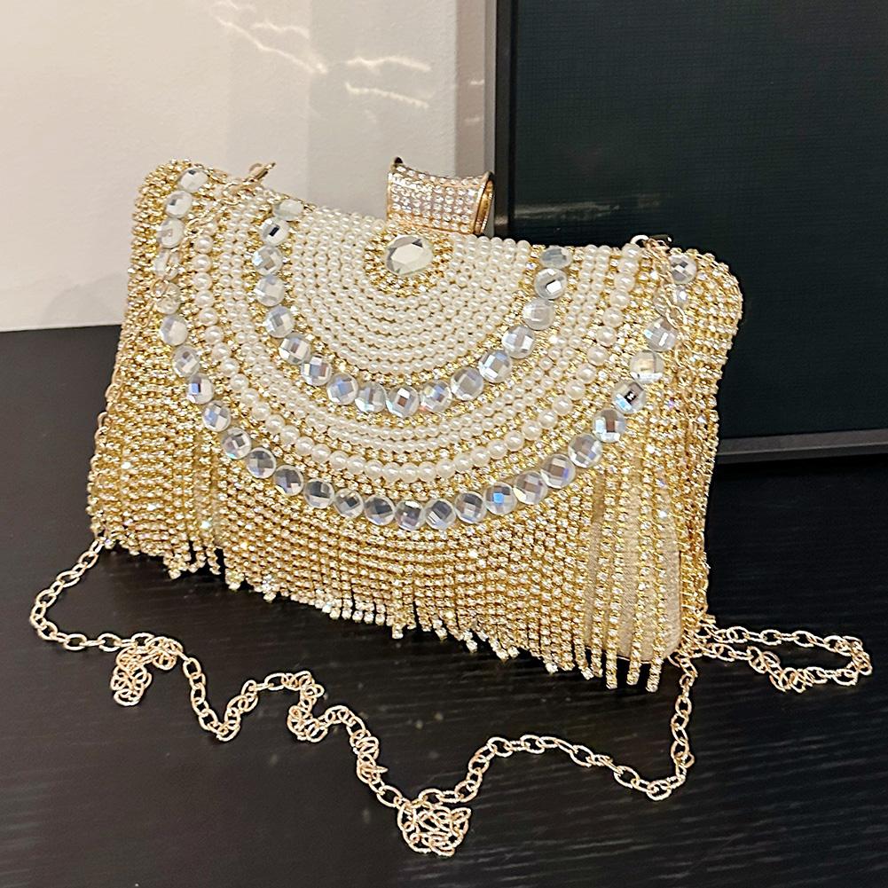 Women Rhinestones Tassel Shouder Bag with Chain Metal Snap Sling Bag Luxury Satchel Bag Female Wedding Club Bag