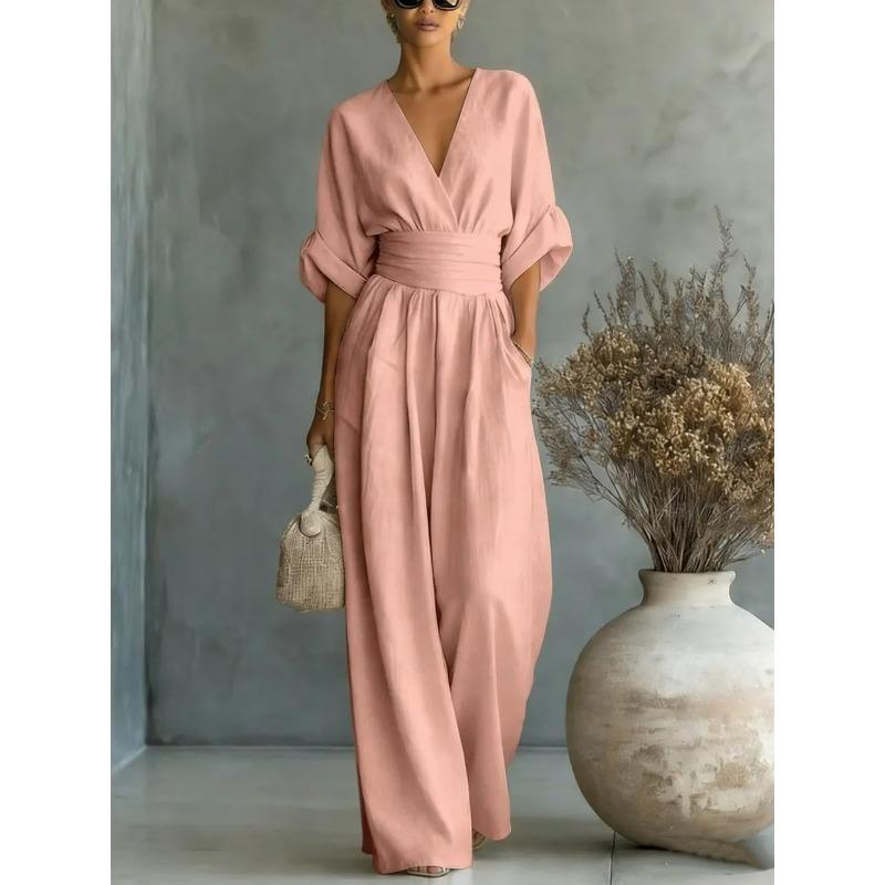 Women's V Neck Short Sleeve Wide Leg Jumpsuit Wrap Waist Elegant Casual Outfit