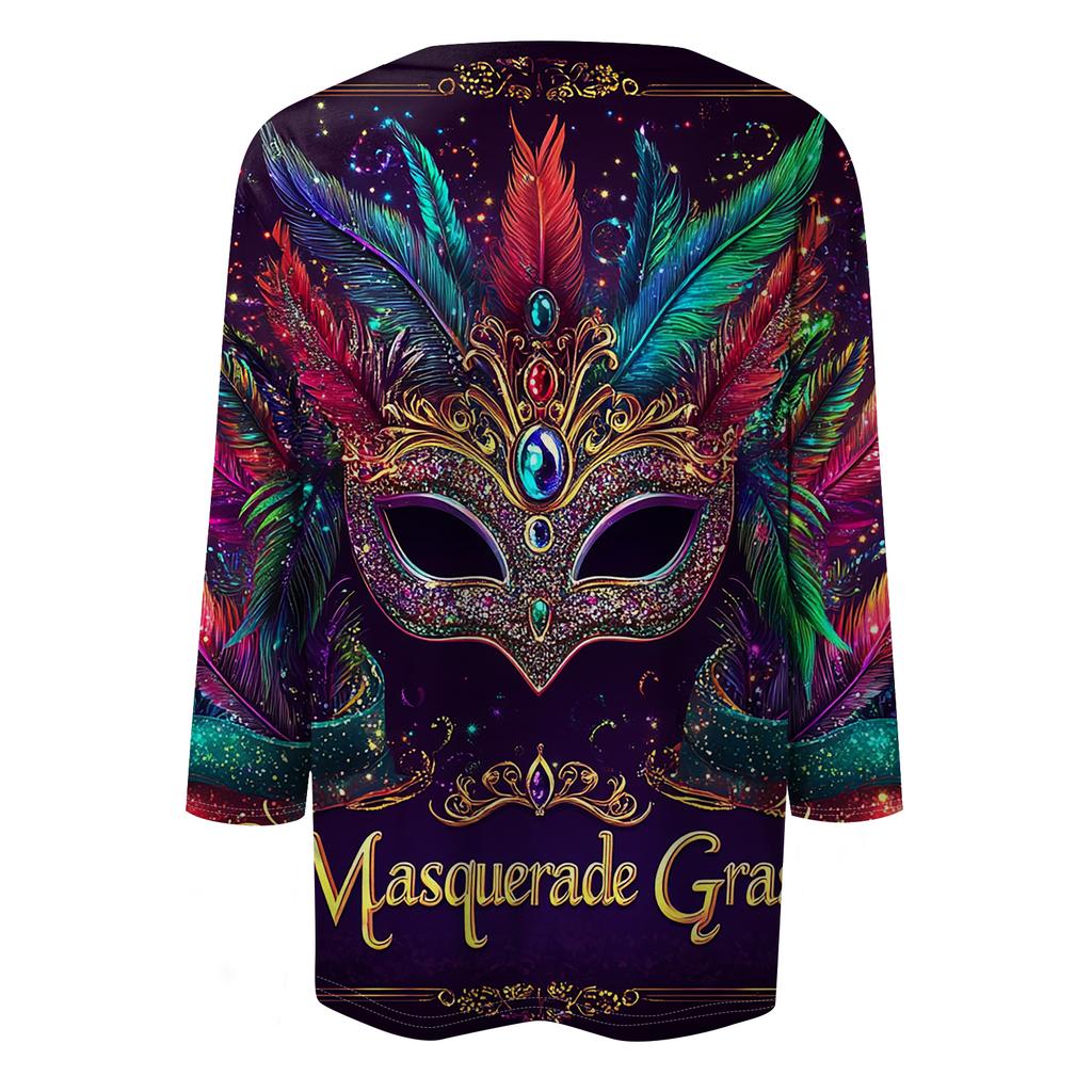 Dámské módní ležérní tričko s kulatým výstřihem a tříčtvrtečním rukávem s potiskem karnevalu