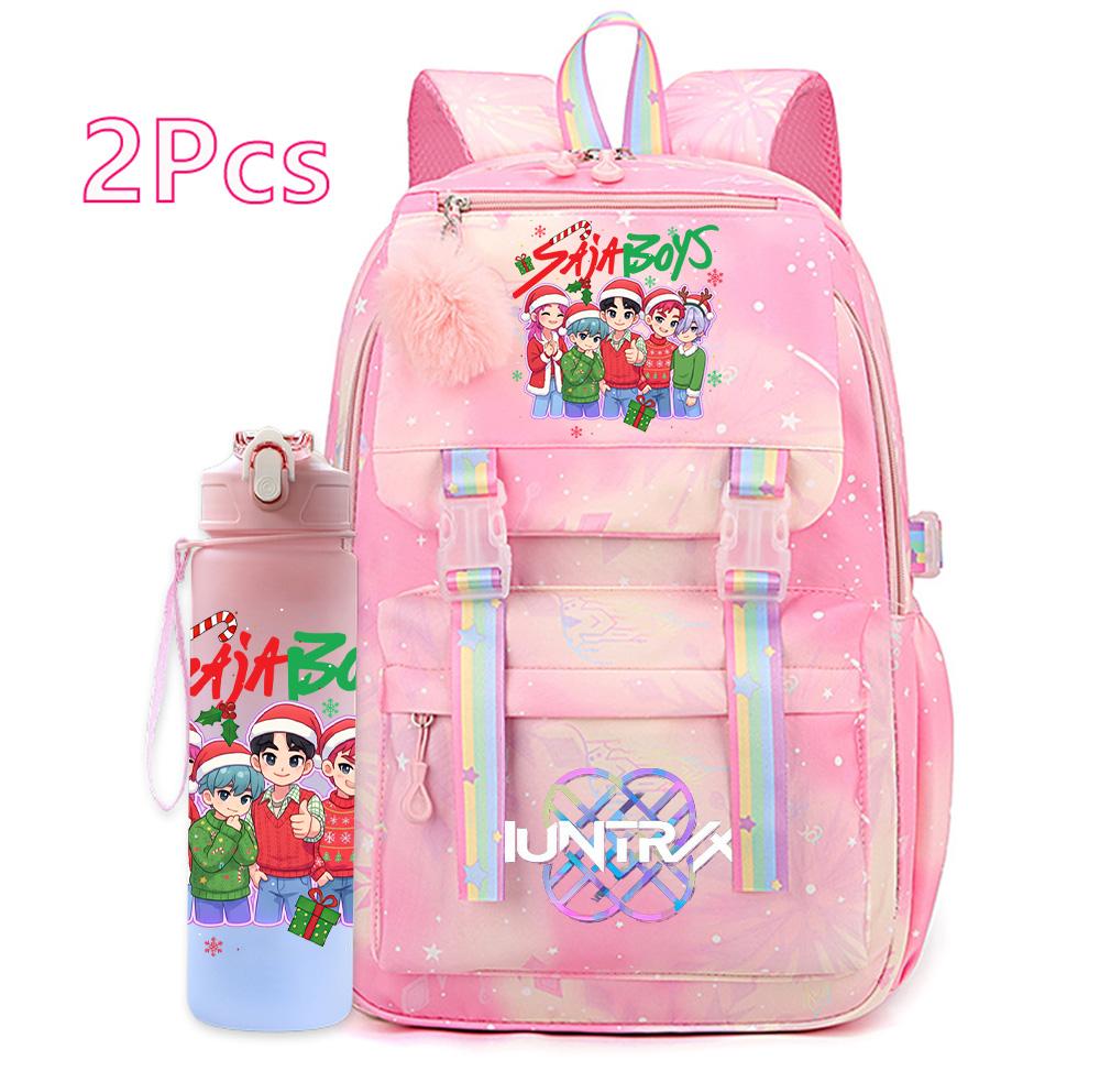 2Pcs/set Christmas K-pop Printed Backpack with 750Ml Water Bottler Large Capacity Travel Bag for Teenager Girl Boy Waterproof Bookbag Kid Gift Rucksak