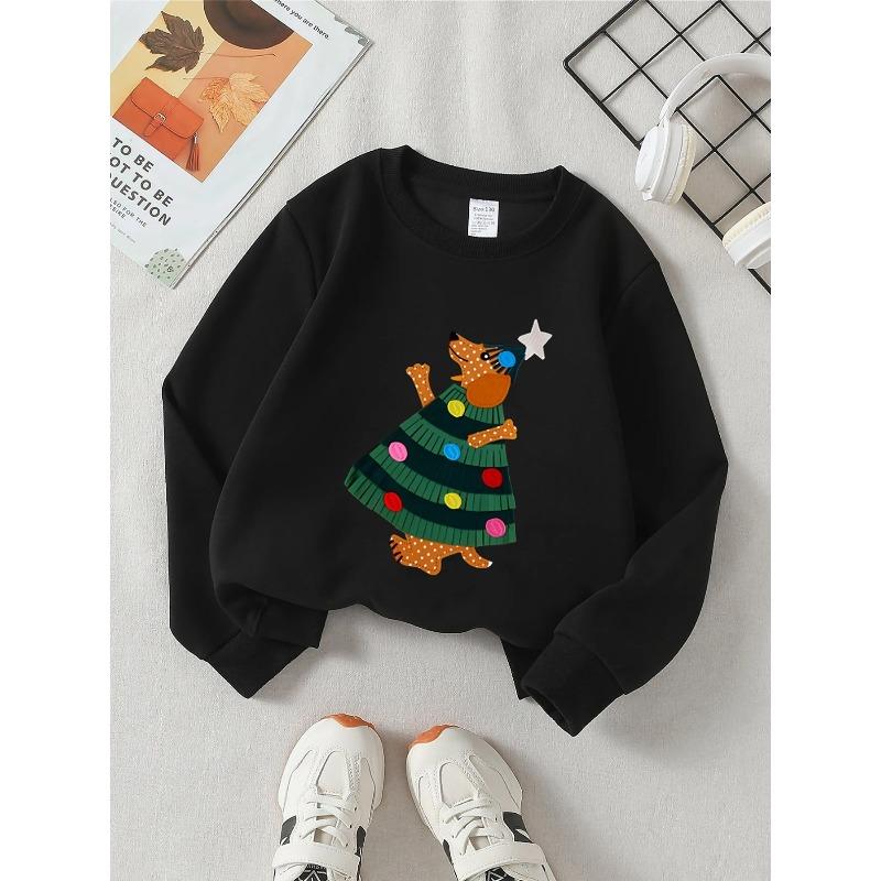 Europäische Größen Rundhals-Sweatshirt für Mädchen mit gepunktetem Hund & Weihnachtsbaum, Weiche bequeme Sportbekleidung & Freizeitkleidung für Kinder & Jugendliche