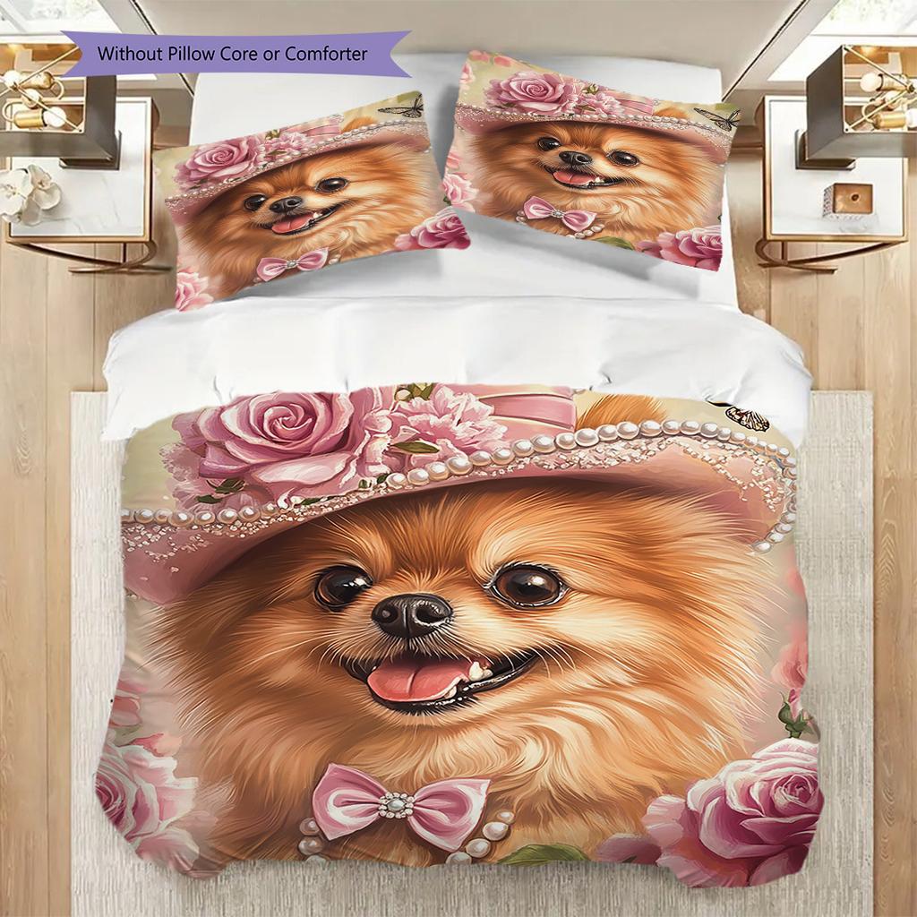 Pomeranian Pattern Bedding Quilt Set Quilt Cover Pillowcase Home Decoration Birthday Gift (1 * duvet cover + 2 * pillowcase, without core)