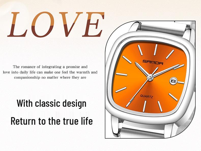 Retro Light Luxury Gold Square Watch with Large Dial and Calendar - High-Value Steel Band for Couples