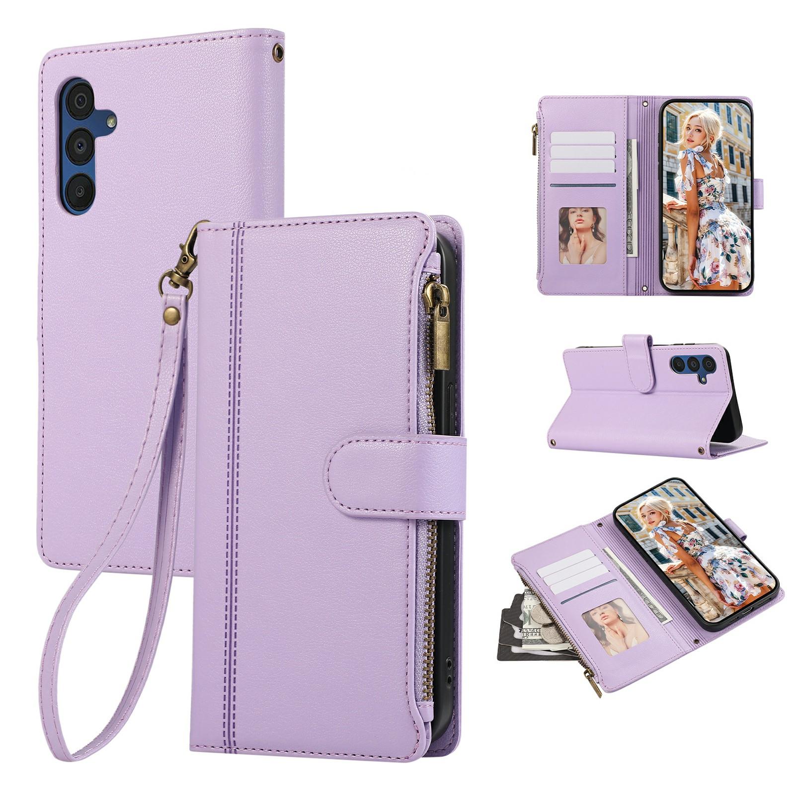 

For Samsung Galaxy A17/A26 5G/A16 5G/A16 4G Case Multi Card Slots Zipper Leather Phone Cover with Wrist Strap Purple