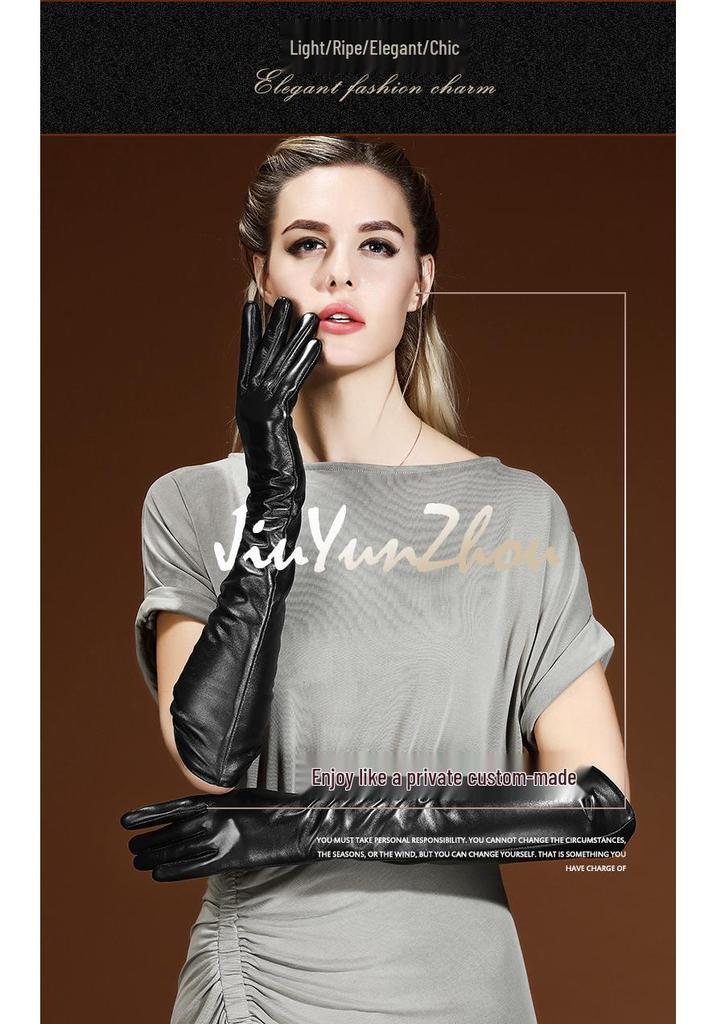 Women's Long Lambskin Gloves - Winter Velvet Warm Touchscreen Arm Cover, Korean Style