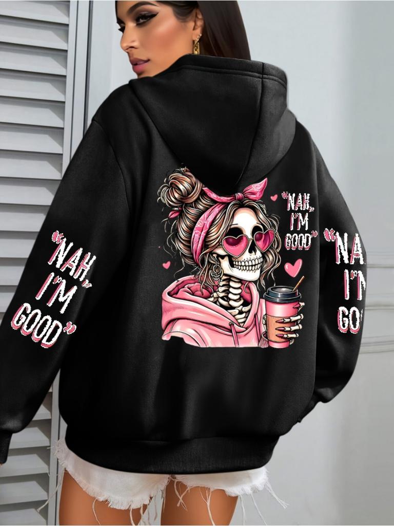 Felpa con Cappuccio da Donna Stampa Teschio Caffè Divertente Vestibilità Larga Pullover da Jogging Pile Autunno Abbigliamento Sportivo Felpa Casual