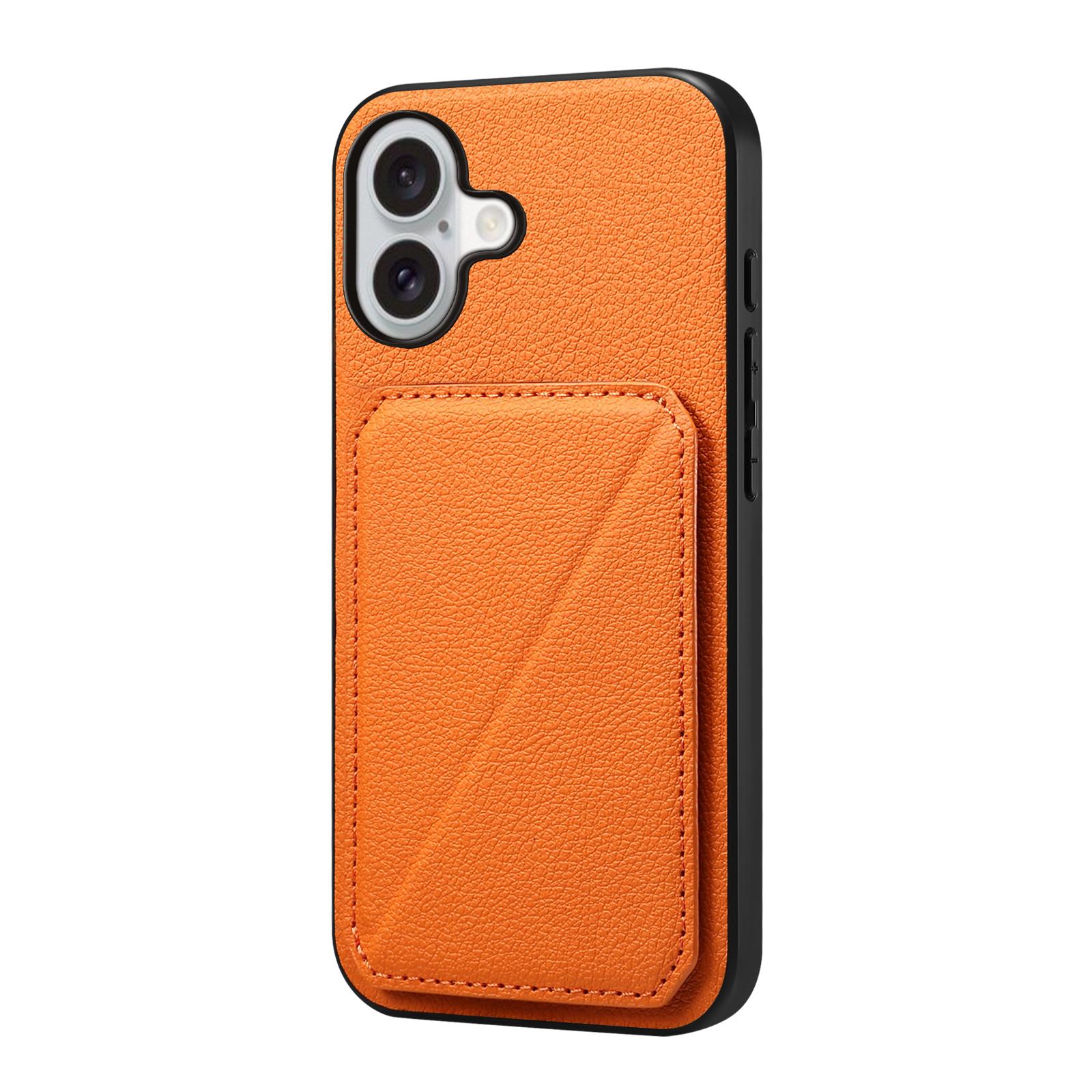 

For iPhone 17 Case Card Holder Kickstand Calf Textured Leather+PC+TPU Phone Cover Orange