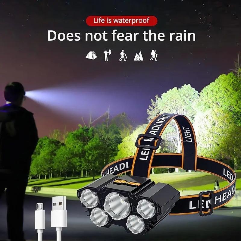 Strong Headlight USB Rechargeables Flashlight Outdoor Nights Fishing Lighting 5Led Built-in Battery Super Bright 5W Head Mounted