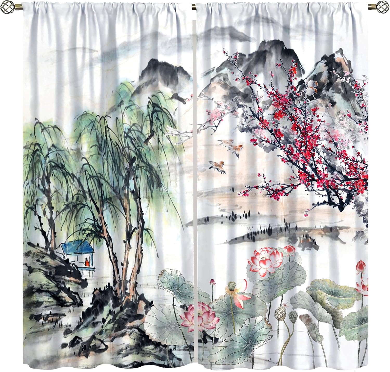 

Asian Cherry Blossom Curtains Bedroom Japanese Traditional Landscape Ink Nature Plum Lotus Flower Windo Curtain Polyester Perfect For Sleeping Area W100*H70(CM)-Grommet top&2PCS