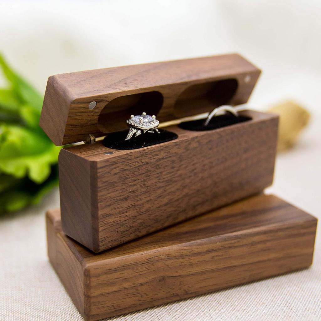 MUUJEE Double ring box - Slim wooden ring box for wedding ceremony proposal ring bearing box - Anniversary birthday gift ideas B