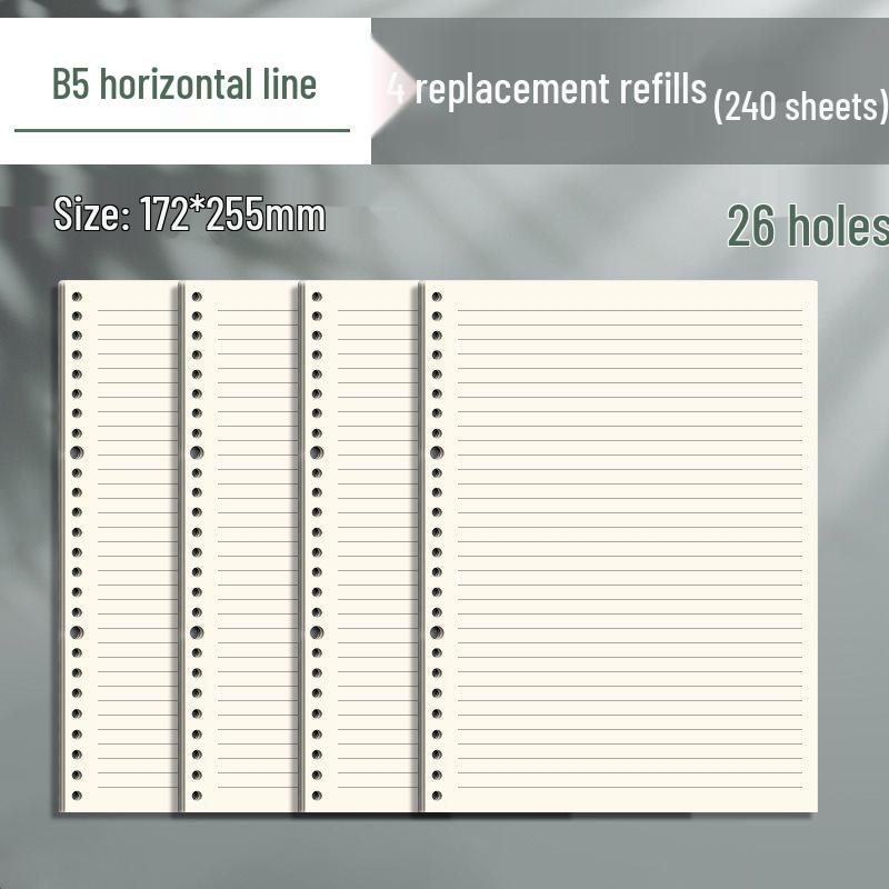 B5 Loose-Leaf Notebook Refill with 26-Hole and A5 Detachable Loose-Leaf Paper, 20-Hole Horizontal Line Grid for Exam Prep.
