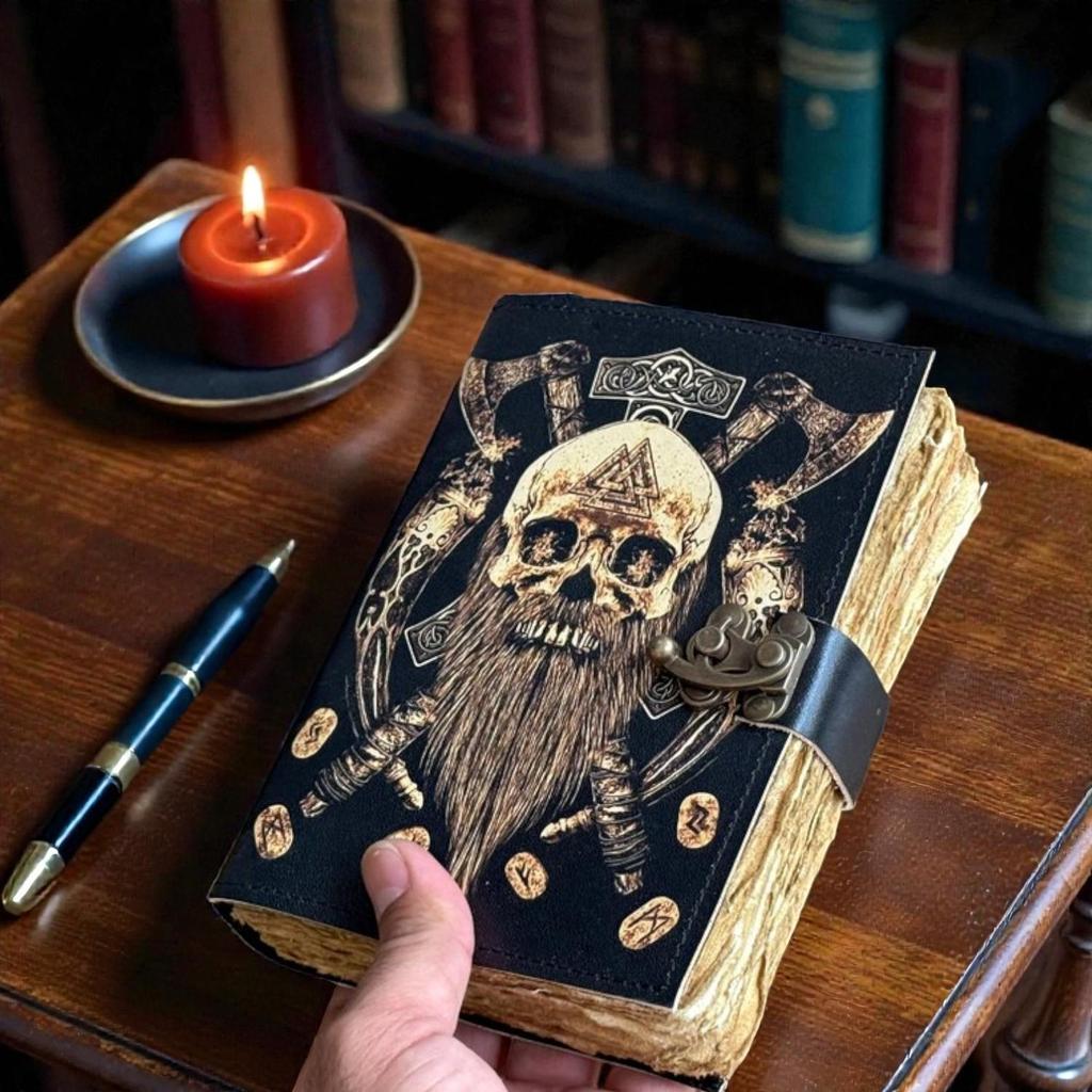 Handmade Viking Leather Journal | 5x7" Rune & Skull Notebook with 200 Deckle Edge Pages | Norse Mythology Diary for Men | Warrior Vintage Writing Book