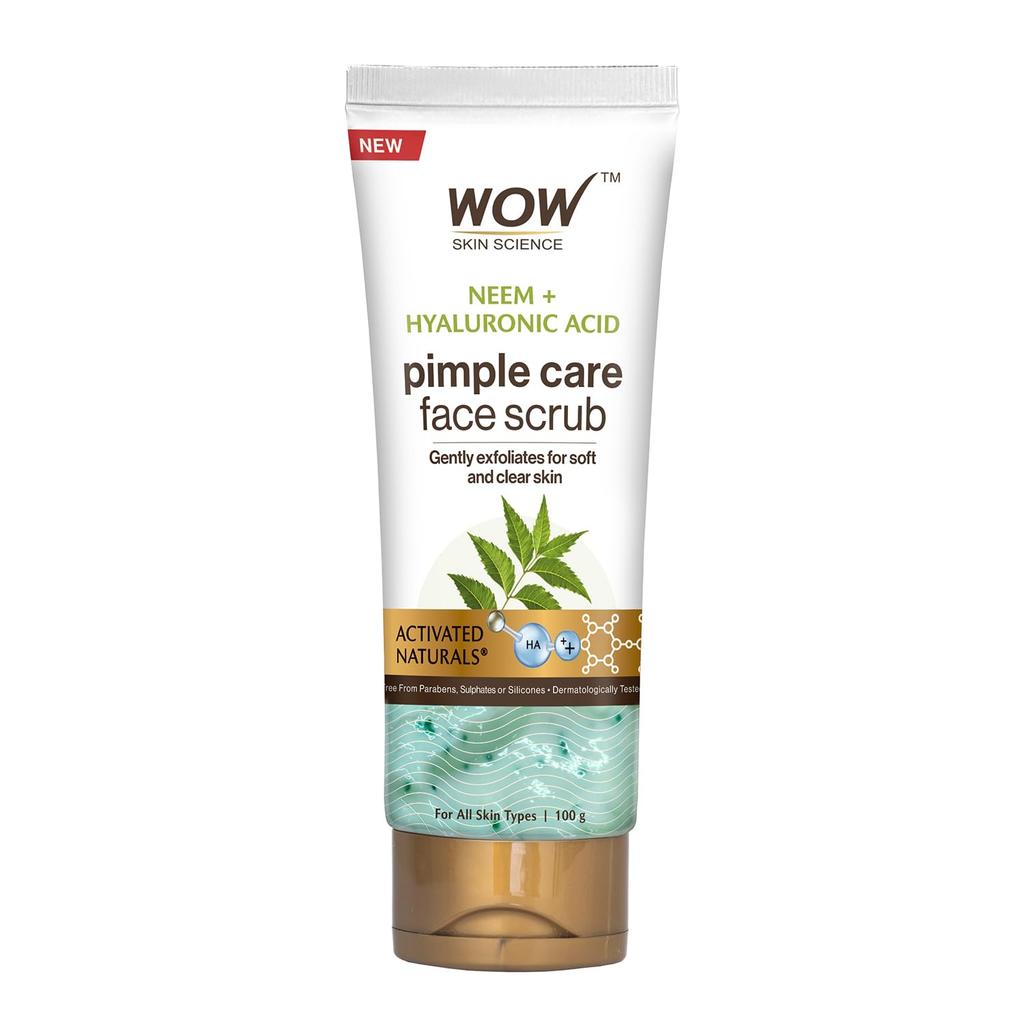 WOW Skin Science Neem & Hyaluronic Acid Pimple Care Face Scrub | Anti-Bacterial | Unclogs Pores | Removes Impurities | Improves Skin Elasticity | H