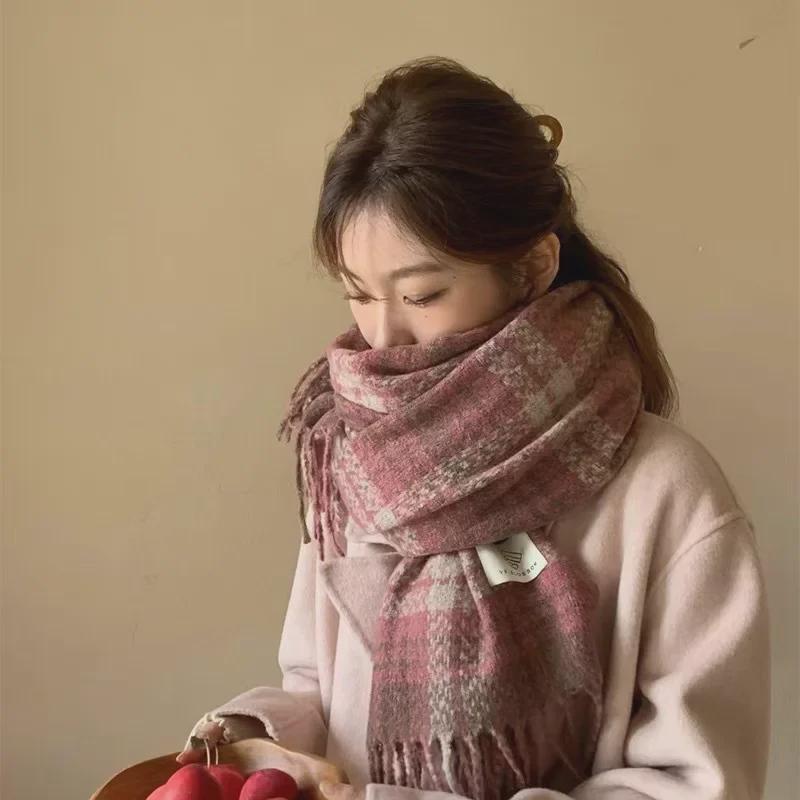 Korean-Style Rose Pink Plaid Scarf: Soft, Warm, Trendy Tassel Shawl for Women