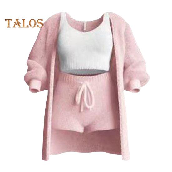 

3 шт./комплект женский жилет шорты пальто комплект длинный рукав плотный пальто V-образный вырез без рукавов топ завязка на резинке на талии короткие брюки повседневная одежда на каждый день XXXL розовый