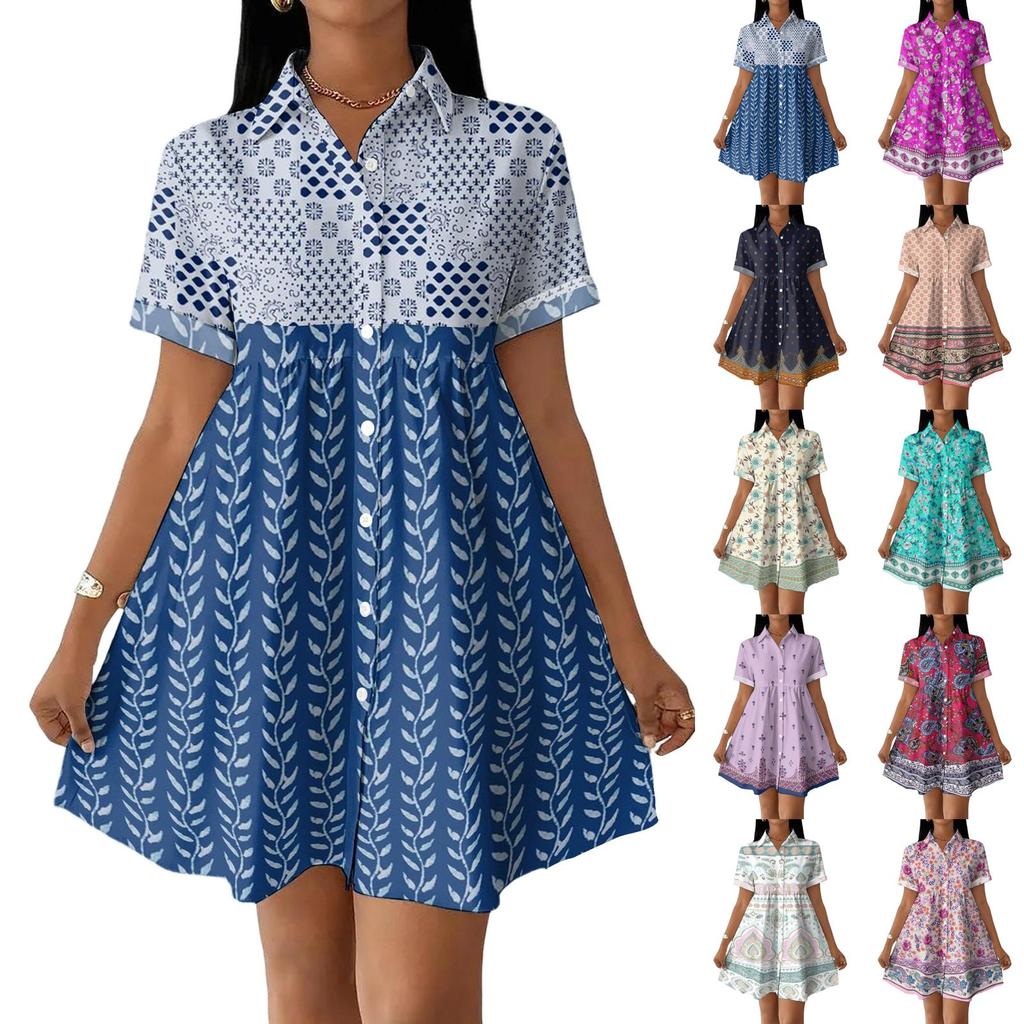 Women's Casual Loose Fit Shirt Dress Button Front Short Sleeve Collar Dress with Floral Print and Border Pattern Suitable for Daily Wear
