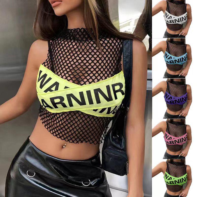 2024 Euro-American Style Summer Mesh Ripped Hollow Top: Street Fashion Color-Block Letter Vest for Women